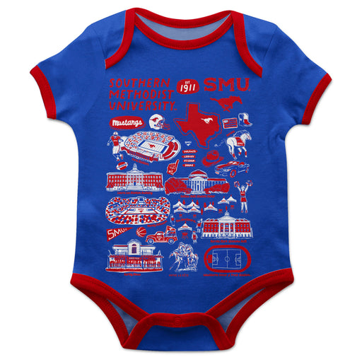 SMU Mustangs Hand Sketched Vive La Fete Impressions Artwork Infant Blue Short Sleeve Onesie Bodysuit