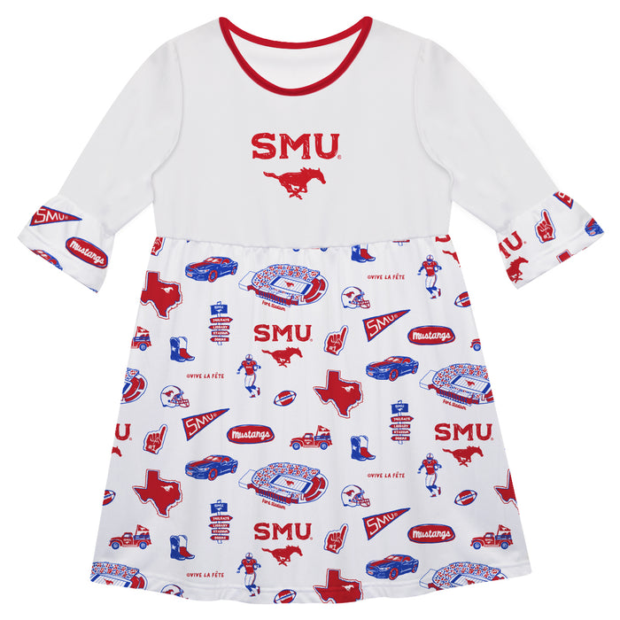 SMU Mustangs 3/4 Sleeve Solid White Repeat Print Hand Sketched Vive La Fete Impressions Artwork on Skirt