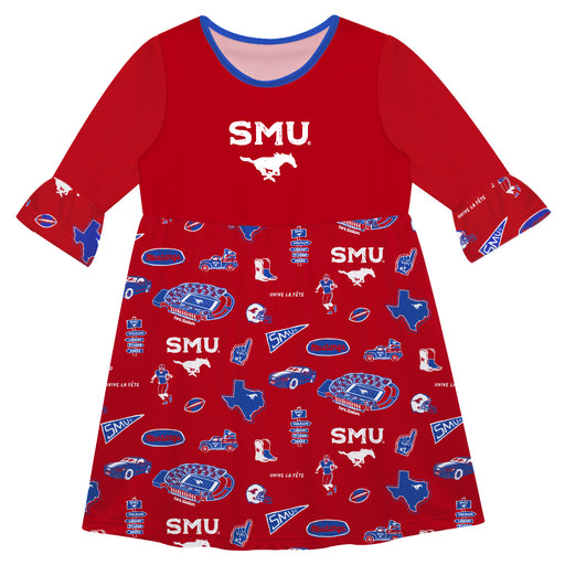 SMU Mustangs 3/4 Sleeve Solid Red Repeat Print Hand Sketched Vive La Fete Impressions Artwork on Skirt