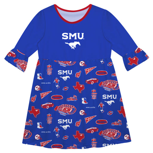 SMU Mustangs 3/4 Sleeve Solid Blue Repeat Print Hand Sketched Vive La Fete Impressions Artwork on Skirt