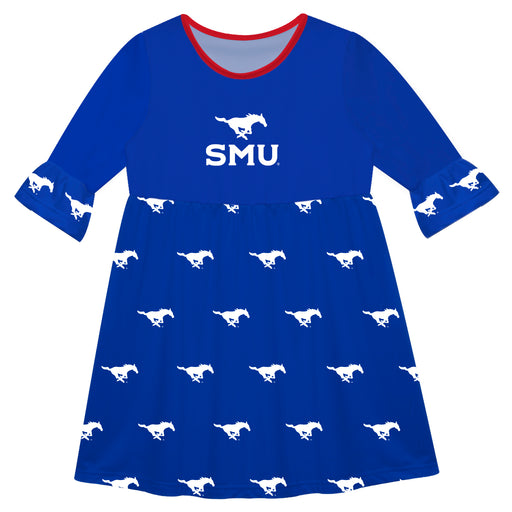 SMU Mustangs Vive La Fete Girls Game Day 3/4 Sleeve Solid Blue All Over Logo on Skirt