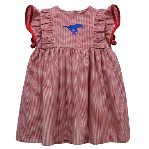 SMU Mustangs Embroidered Red Gingham Girls Ruffle Dress