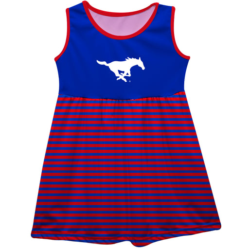Southern Methodist Mustangs Vive La Fete Girls Game Day Sleeveless Tank Dress Solid Blue Logo Stripes on Skirt