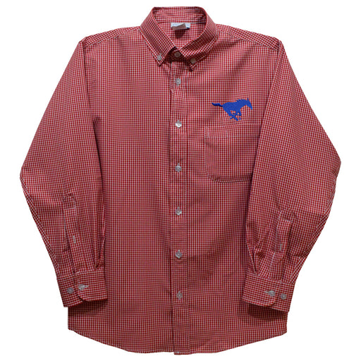 SMU Mustangs Embroidered Red Cardinal Gingham Long Sleeve Button Down