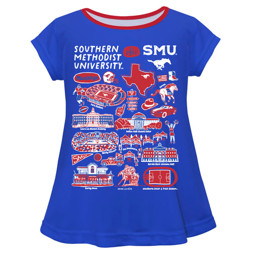 SMU Mustangs Hand Sketched Vive La Fete Impressions Artwork Blue Short Sleeve Top