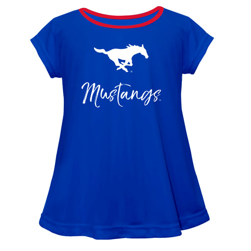SMU Mustangs Vive La Fete Girls Game Day Short Sleeve Blue Top with School Logo and Name