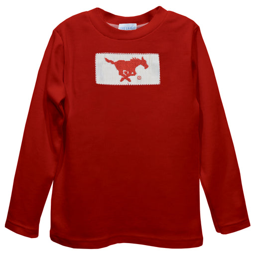 SMU Mustangs Smocked Red Knit Long Sleeve Boys Tee Shirt