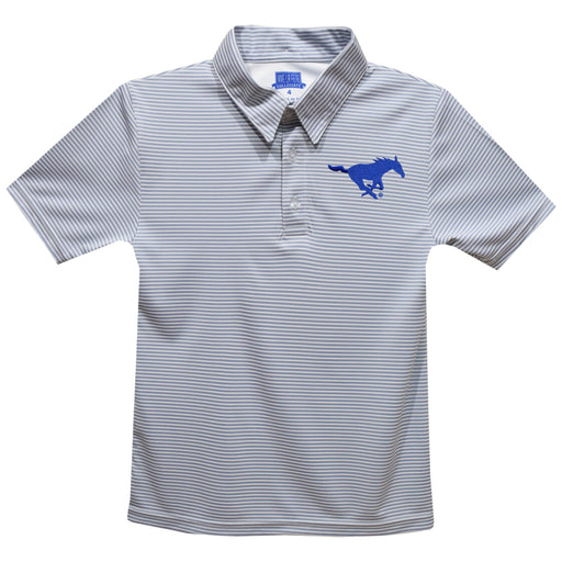 SMU Mustangs Embroidered Gray Stripes Short Sleeve Polo Box Shirt