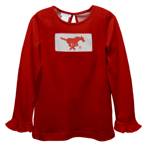 SMU Mustangs  Smocked Red  Knit Ruffle Long Sleeve Girls Tshirt