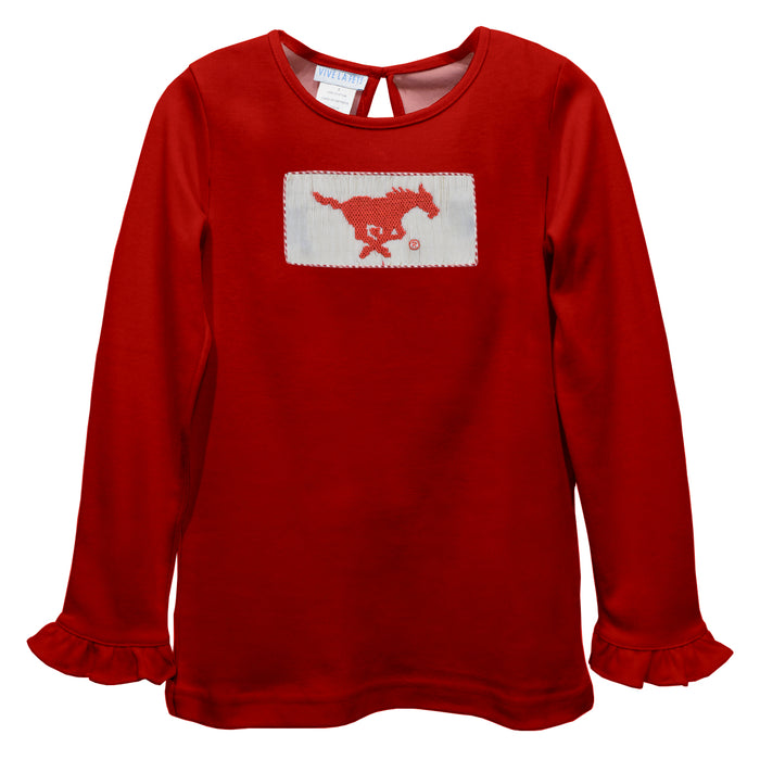 SMU Mustangs  Smocked Red  Knit Ruffle Long Sleeve Girls Tshirt