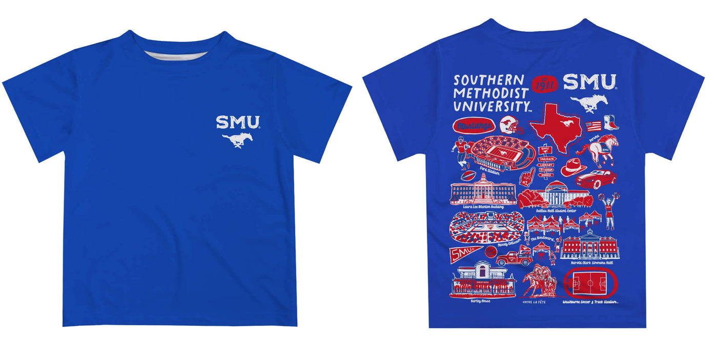 SMU Mustangs Hand Sketched Vive La Fete Impressions Artwork Boys Blue Short Sleeve Tee Shirt - Vive La Fête - Online Apparel Store