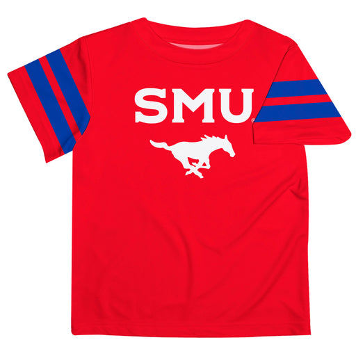 Southern Methodist Mustangs Vive La Fete Boys Game Day Red Short Sleeve Tee with Stripes on Sleeves
