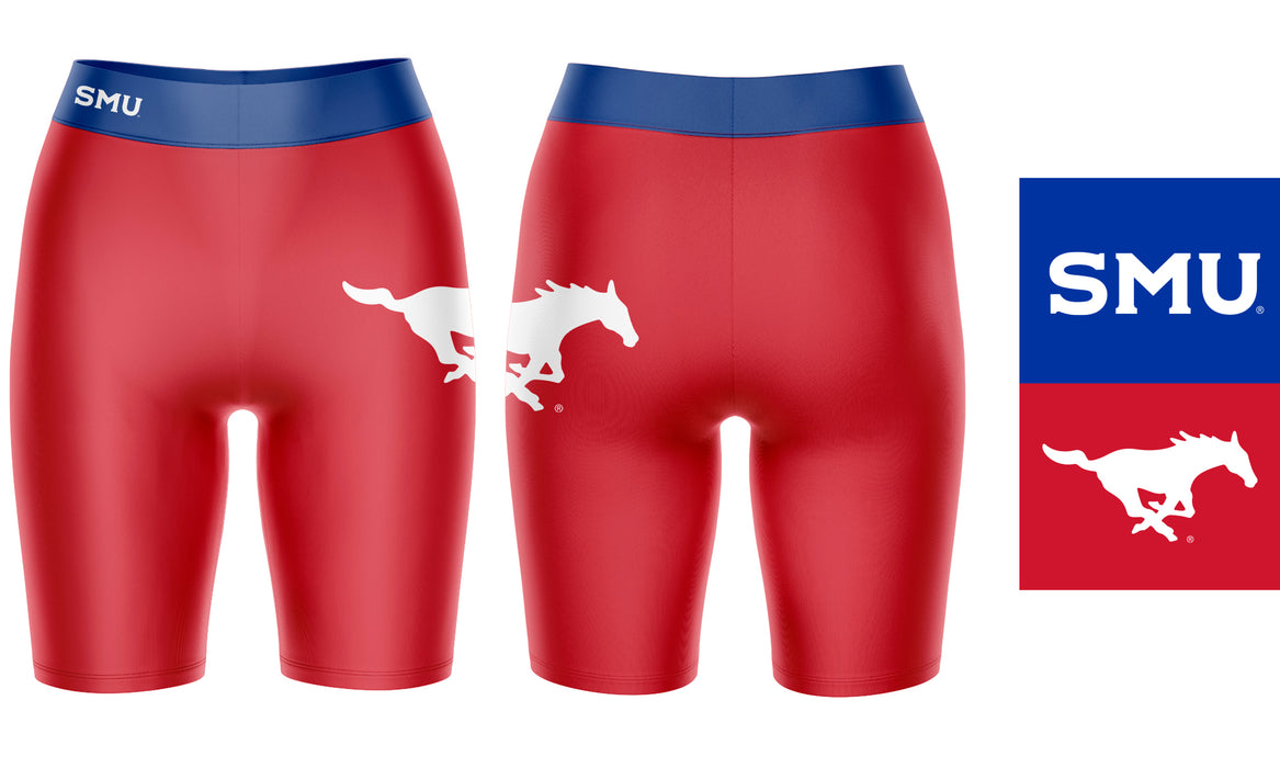 SMU Mustangs Vive La Fete Game Day Logo on Thigh and Waistband Red and Blue Women Bike Short 9 Inseam - Vive La Fête - Online Apparel Store