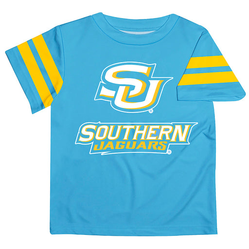 Southern University Jaguars Vive La Fete Boys Game Day Blue Short Sleeve Tee with Stripes on Sleeves