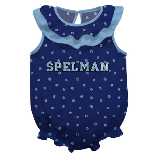 Spelman College Swirls Blue Sleeveless Ruffle Onesie Logo Bodysuit