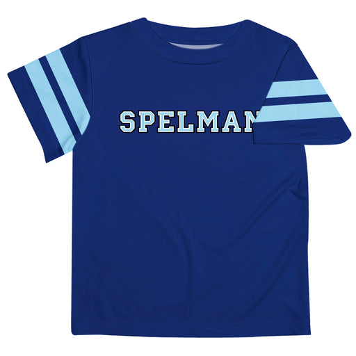 Spelman College Vive La Fete Boys Game Day Blue Short Sleeve Tee with Stripes on Sleeves