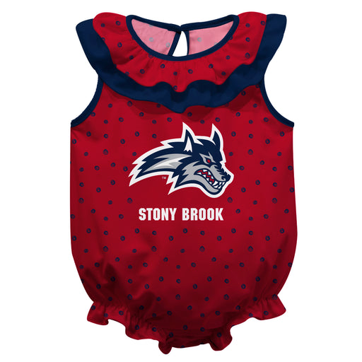 Stony Brooks Seawolves Swirls Red Sleeveless Ruffle Onesie Logo Bodysuit