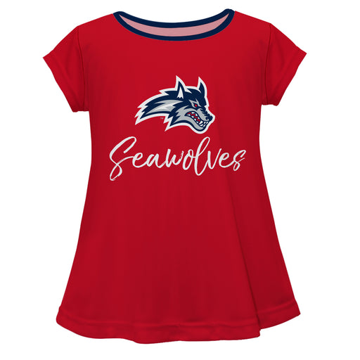 Stony Brooks Seawolves Vive La Fete Girls Game Day Short Sleeve Red Top with School Logo and Name