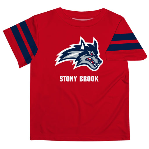 Stony Brooks Seawolves Vive La Fete Boys Game Day Red Short Sleeve Tee with Stripes on Sleeves