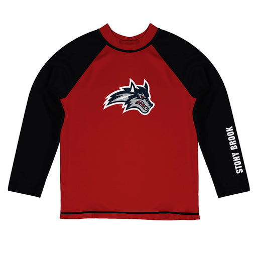 Stony Brook Seawolves Vive La Fete Logo Red Black Long Sleeve Raglan Rashguard