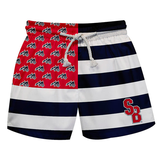Stony Brook Seawolves Vive La Fete Game Day Blue White Red Flag Swimtrunks V1