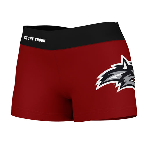 Stony Brook Seawolves Vive La Fete Logo on Thigh & Waistband Red Black Women Yoga Booty Workout Shorts 3.75 Inseam