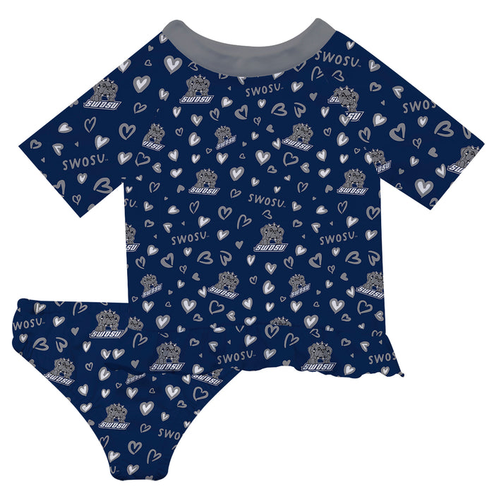 Southwestern Oklahoma State Bulldogs Vive La Fete All Over Logo Blue Long Sleeve Bikini Set