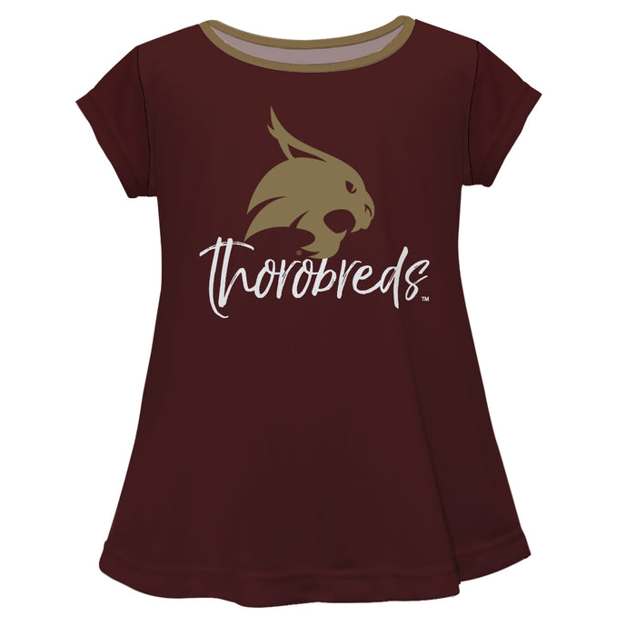 Texas State University Bobcats TXST Vive La Fete Girls Game Day Short Sleeve Maroon Top with School Logo and Name