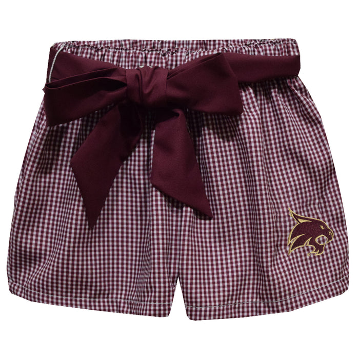 Texas State University Bobcats TXST Embroidered Maroon Gingham Girls Short with Sash