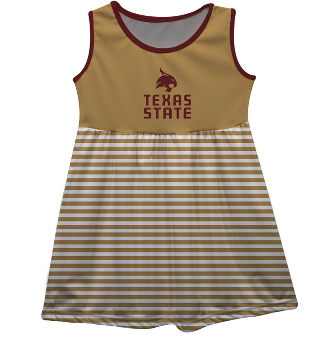 TXST Texas State Bobcats Vive La Fete Girls Game Day Sleeveless Tank Dress Solid Gold Logo Stripes on Skirt