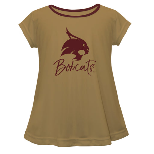 TXST Texas State Bobcats Vive La Fete Girls Game Day Short Sleeve Gold Top with School Logo and Name