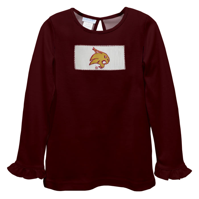 Texas State University Bobcats Smocked Maroon Knit Ruffle Long Sleeve Girls Tshirt