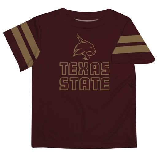 TXST Texas State Bobcats Vive La Fete Boys Game Day Maroon Short Sleeve Tee with Stripes on Sleeves