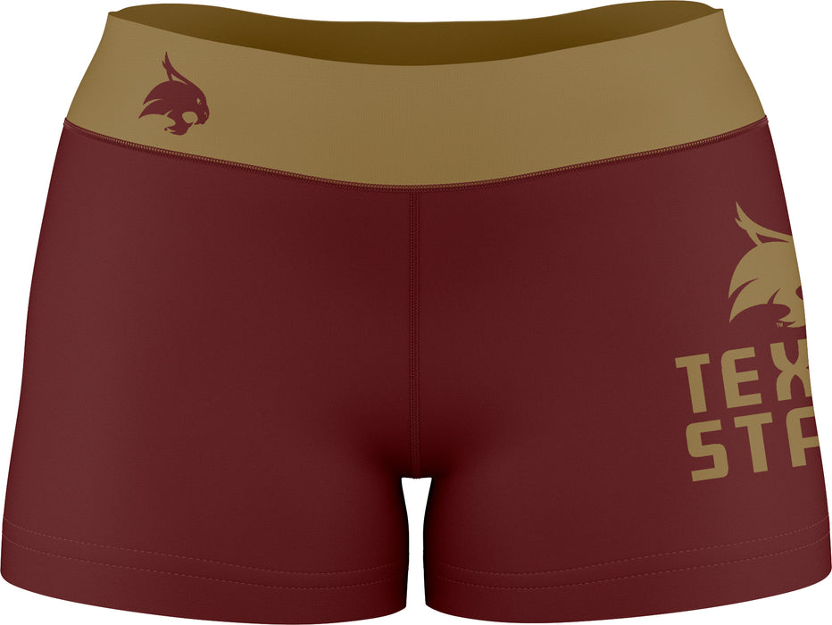 TXST Texas State Bobcats Vive La Fete Logo on Thigh & Waistband Maroon Gold Women Yoga Booty Workout Shorts 3.75 Inseam