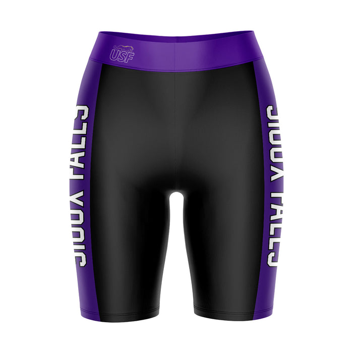 Sioux Falls Cougars USF Vive La Fete Game Day Logo on Waistband and Purple Stripes Black Women Bike Short 9 Inseam