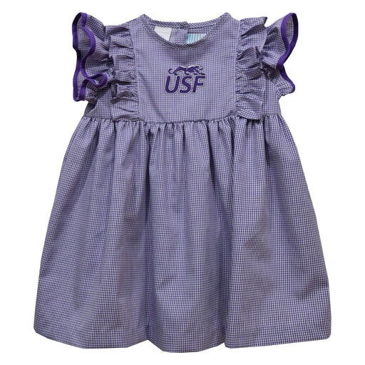 Sioux Falls Cougars USF Embroidered Purple Gingham Ruffle Dress