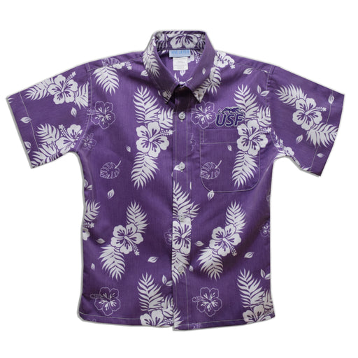 Sioux Falls Cougars USF Purple Hawaiian Short Sleeve Button Down Shirt