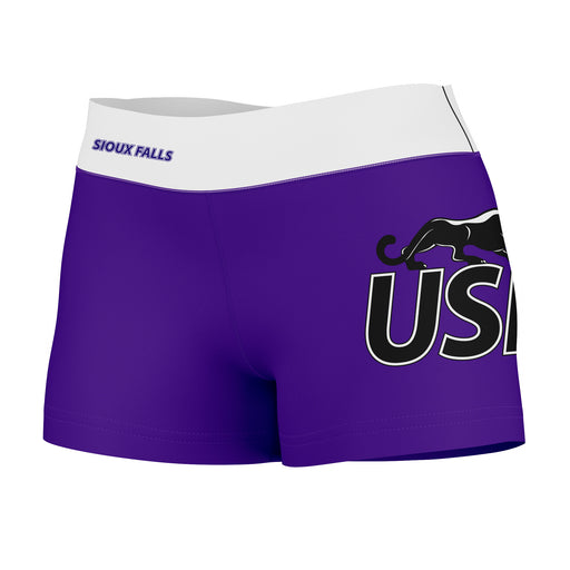 Sioux Falls Cougars Vive La Fete Logo on Thigh & Waistband Purple White Women Yoga Booty Workout Shorts 3.75 Inseam