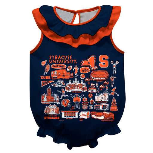 Syracuse Orange  Blue Hand Sketched Vive La Fete Impressions Artwork Sleeveless Ruffle Onesie Bodysuit