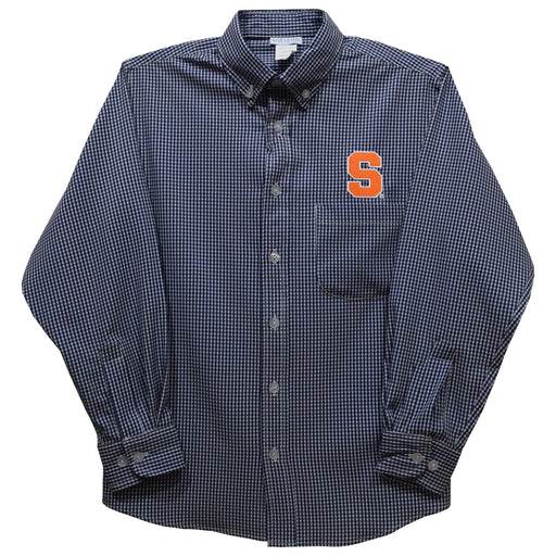 Syracuse Orange Embroidered Navy Gingham Long Sleeve Button Down