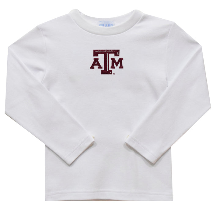 Texas AM Embroidered White Knit Long Sleeve Boys Tee Shirt