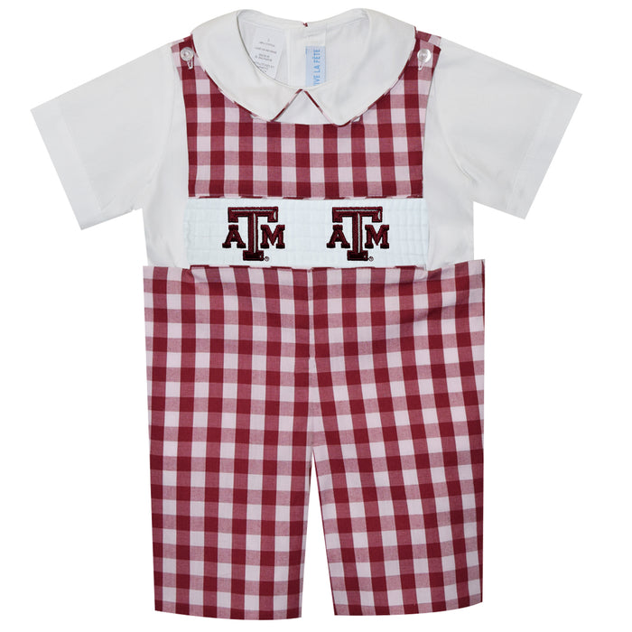 Texas AM Smocked Embroidered Maroon Big Check Shortall And White Shirt Short Sleeve - Vive La Fête - Online Apparel Store