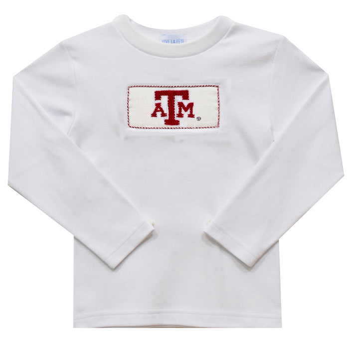 Texas AM Smocked White Knit Long Sleeve Boys Tee Shirt