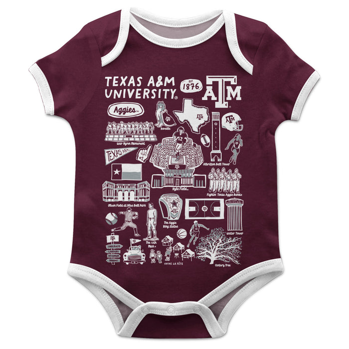 Texas A&M Aggies Hand Sketched Vive La Fete Impressions Artwork Infant Aggie Maroon Short Sleeve Onesie Bodysuit