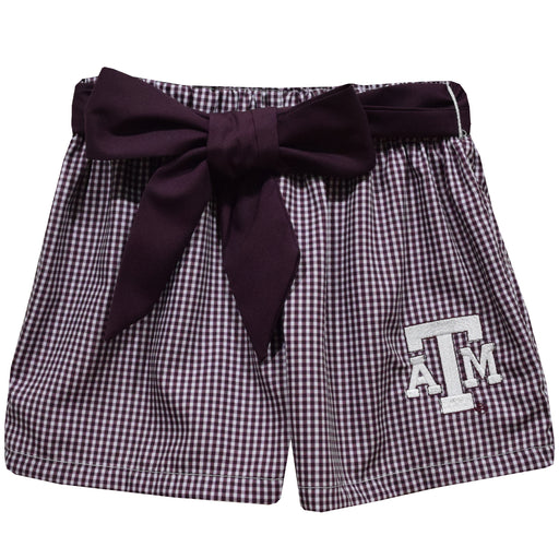 Texas AM Aggies Embroidered Maroon Gingham Girls Short with Sash