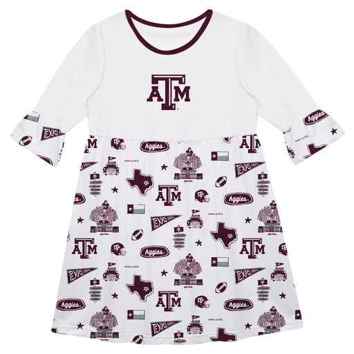 Texas A&M Aggies 3/4 Sleeve Solid White Repeat Print Hand Sketched Vive La Fete Impressions Artwork on Skirt