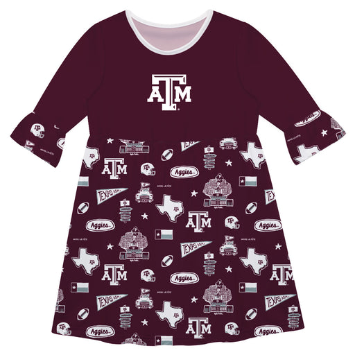 Texas A&M Aggies 3/4 Sleeve Solid Aggie Maroon Repeat Print Hand Sketched Vive La Fete Impressions Artwork on Skirt