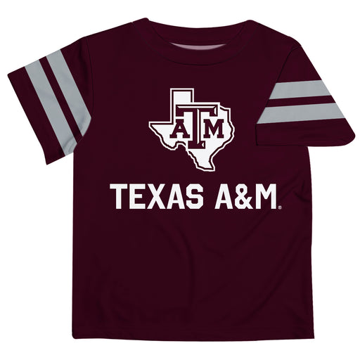 Texas A&M Aggies Vive La Fete Boys Game Day Maroon Short Sleeve Tee with Stripes on Sleeves