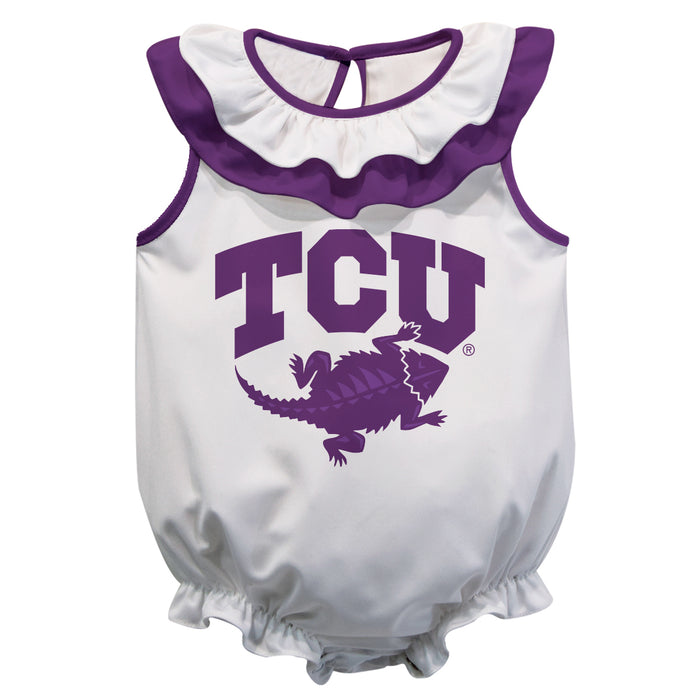 TCU Horned Frogs White Sleeveless Ruffle Onesie Logo Bodysuit by Vive La Fete