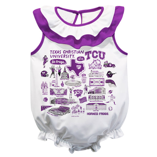 TCU Horned Frogs  White Hand Sketched Vive La Fete Impressions Artwork Sleeveless Ruffle Onesie Bodysuit